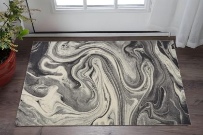 3' X 5' Grey Black Machine Woven Marble Indoor Area Rug