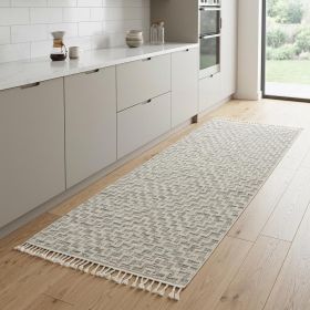 8' Ivory Grey Machine Woven Geometric With Fringe Indoor Runner Rug