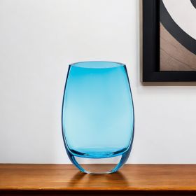 8 Mouth Blown Crystal Lead Free Oval Thick Aqua Blue Walled Vase