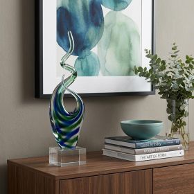 14" Clear Blue and Green Murano Glass Modern Abstract Tabletop Sculpture