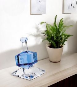 3 Mouth Blown Blue Dreidel On Crystal Stand