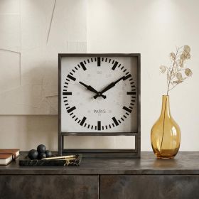 Square Gray Metal Desk  Table Clock With Simple White And Black Face