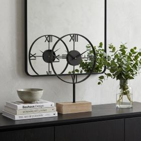 Black Metal Wood Desk  Table Clock With Open Metal Frame