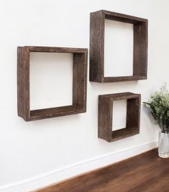 Set Of 3 Square Espresso Reclaimed Wood Open Box Shelve