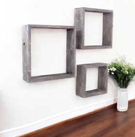 Set Of 3 Square Smoky Black Reclaimed Wood Open Box Shelve