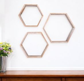 Set Of 3 Hexagon Rustic Natural Weathered Grey Wood Open Box Shelve