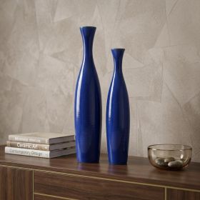 Set Of 2 Deep Indigo Blue Ceramic Tall Thin Vases