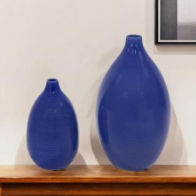Set Of 2 Deep Indigo Blue Ceramic Bulb Vases