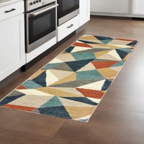 8' Blue Green Beige Retro Wedge Indoor Runner Rug