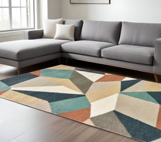 7' X 10' Blue Green Beige Retro Wedge Indoor Area Rug