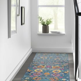 10' Blue And Orange Floral Power Loom Runner Rug