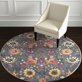 4' Blue And Orange Round Floral Power Loom Area Rug