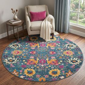 5' Blue And Orange Round Floral Power Loom Area Rug