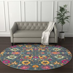 8' Blue And Orange Round Floral Power Loom Area Rug