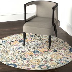 4' Orange And Ivory Round Floral Power Loom Area Rug