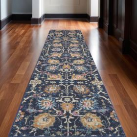 10' Navy Blue Floral Power Loom Runner Rug
