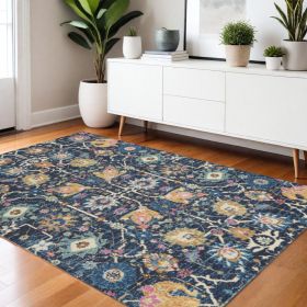 4' X 6' Navy Blue Floral Power Loom Area Rug