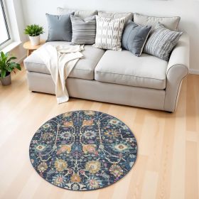 4' Navy Blue Round Floral Power Loom Area Rug