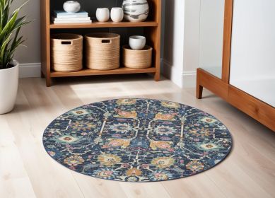 5' Navy Blue Round Floral Power Loom Area Rug