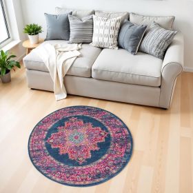 4' Blue Round Power Loom Area Rug