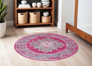 5' Fuchsia Round Power Loom Area Rug