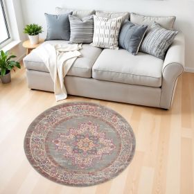 4' Gray Round Power Loom Area Rug