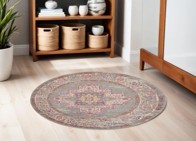 5' Gray Round Power Loom Area Rug