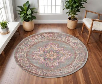 8' Gray Round Power Loom Area Rug