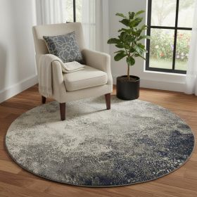 5' Gray And Ivory Round Abstract Power Loom Area Rug