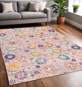 5' X 7' Gray and Pink Floral Power Loom Distressed Area Rug