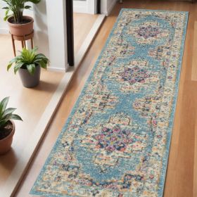 6' Light Blue Southwestern Power Loom Runner Rug