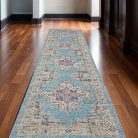 10' Light Blue Southwestern Power Loom Runner Rug
