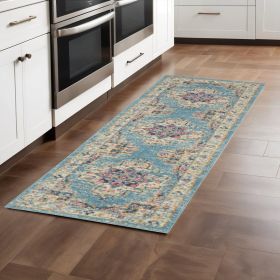 2' X 8' Light Blue Distressed Medallion Runner Rug