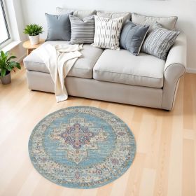 4' Light Blue Round Southwestern Power Loom Area Rug