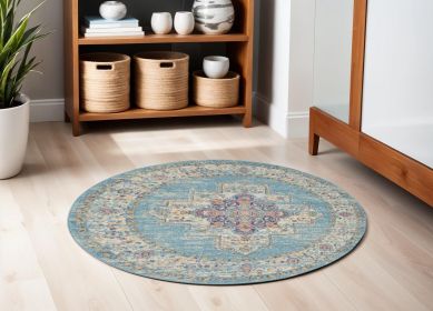 5' Light Blue Round Southwestern Power Loom Area Rug