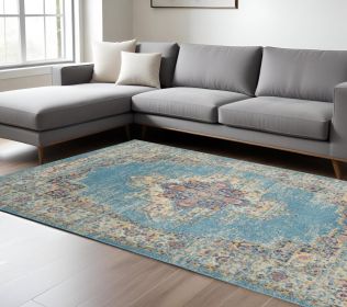 7' X 10' Blue and Ivory Medallion Power Loom Distressed Area Rug