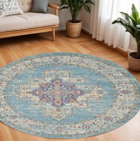 8' Light Blue Round Southwestern Power Loom Area Rug