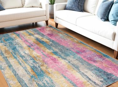 5' X 7' Pink And Blue Abstract Power Loom Area Rug