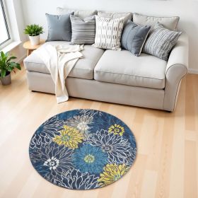4' Blue Round Floral Power Loom Area Rug