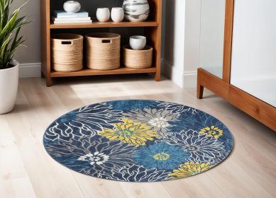 5' Blue Round Floral Power Loom Area Rug