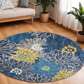 8' Blue Round Floral Power Loom Area Rug