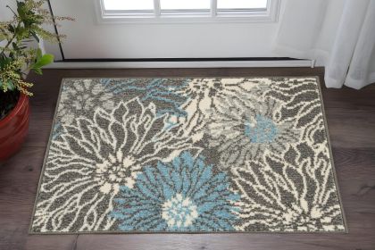 2' X 3' Blue And Gray Floral Power Loom Area Rug