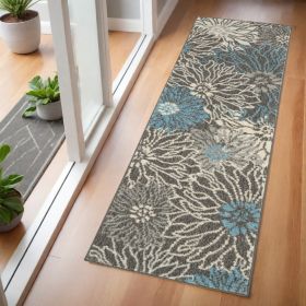 6' Blue And Gray Floral Power Loom Runner Rug