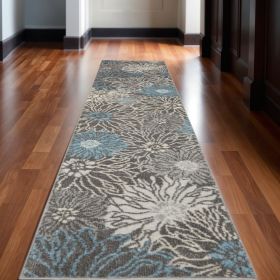 10' Blue And Gray Floral Power Loom Runner Rug
