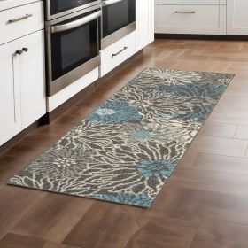 8' Blue And Gray Floral Power Loom Runner Rug