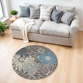 4' Blue And Gray Round Floral Power Loom Area Rug