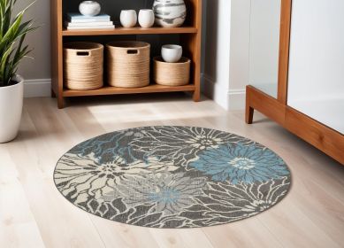 5' Blue And Gray Round Floral Power Loom Area Rug