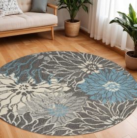 8' Blue And Gray Round Floral Power Loom Area Rug