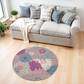 4' Gray Round Floral Dhurrie Area Rug