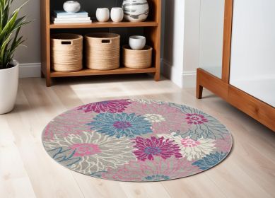 5' Gray Round Floral Dhurrie Area Rug